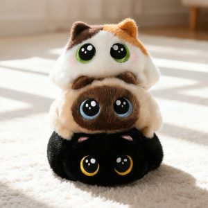 ふわふわ くりくりお目目の積み重ね猫ぬいぐるみ