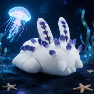 ふわふわ白いウミウシぬいぐるみ 紫の触角と背びれ