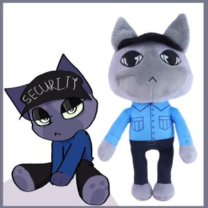 グレー猫の警備員ぬいぐるみ ブルー制服とキャップ