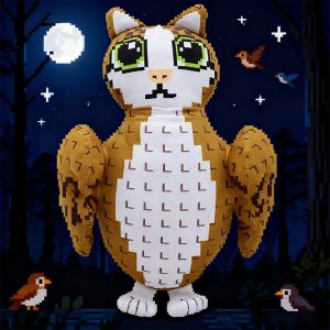 ドット絵風 ふくろう ぬいぐるみ 緑の大きな瞳