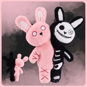 ピンクと黒の赤ステッチ 半分ガイコツうさぎぬいぐるみ