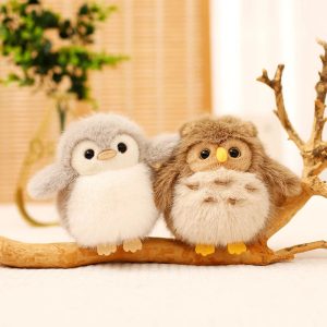 ふわふわ まん丸 グレーのひな鳥とブラウンのフクロウ ぬいぐるみ