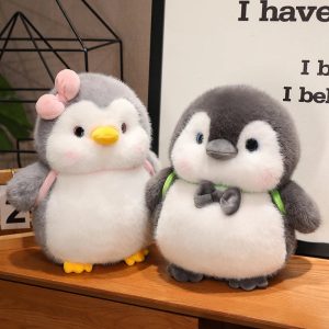 ふわふわ ぽっちゃり ピンク リボン の グレー ペンギン ぬいぐるみ