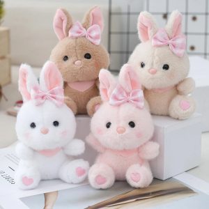 ふわふわ かわいい ピンクギンガムリボン うさぎ ぬいぐるみ 足裏ハート