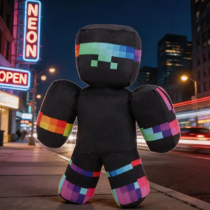 ぬいぐるみ レインボーピクセル柄の黒いブロックキャラクター