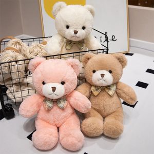 ふわふわ 淡いピンクの チェック柄 蝶ネクタイ テディベア ぬいぐるみ