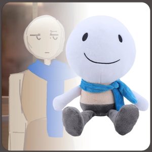 白い笑顔キャラクターの青いマフラーぬいぐるみ