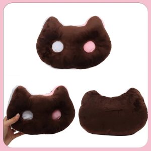 ふわふわ 猫顔 クッション ダークブラウン ピンク耳と目穴