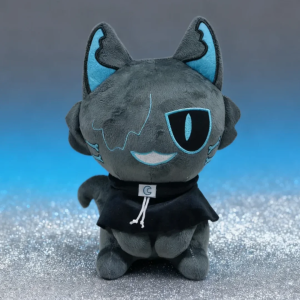 クールなダークグレーのネコぬいぐるみ 水色アイとマント