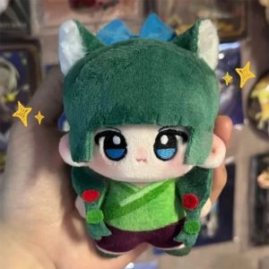 緑髪と青い目の猫耳ミニぬいぐるみ 水色リボン付き