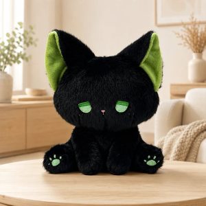 眠そうな目の黒猫ぬいぐるみ ネオングリーン耳