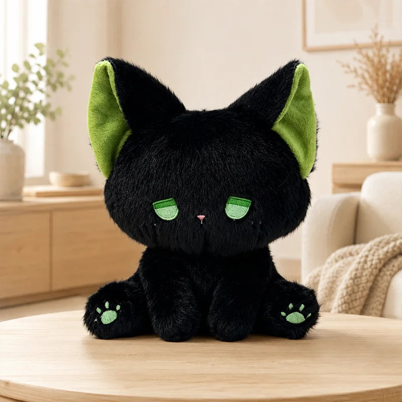 眠そうな目の黒猫ぬいぐるみ ネオングリーン耳