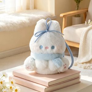 ふわふわ 白い ウサギの ぬいぐるみ ポシェット 水色マフラー付き