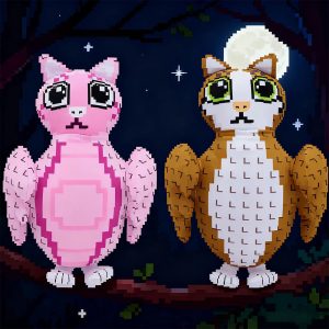 ピクセルアート フクロウ ぬいぐるみ ピンク＆ブラウン