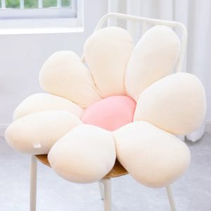 ふわふわ クリーム&ピンク フラワー コーデュロイ風 クッション