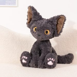 ふわふわチャコールグレー 大きな耳の猫ぬいぐるみ 黄色い目