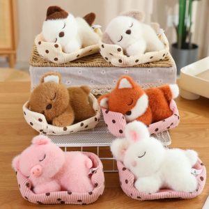 ふわふわ おやすみアニマル ぬいぐるみ ドット柄ベッド入り
