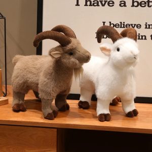 リアルなもこもこコーデュロイ角ヤギのぬいぐるみ 白/茶色