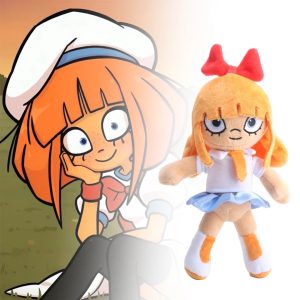 赤いリボンと青い目のオレンジ髪の女の子ぬいぐるみ