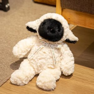 クリーム色のふわふわ黒顔こひつじぬいぐるみ レースリボン付き