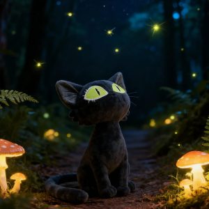 幻想的な緑の瞳の黒猫ぬいぐるみ