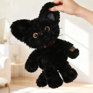 赤い首輪と黄色い目のふわふわ黒猫ぬいぐるみ