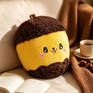 ふわふわ どんぐり 顔付き クッション イエロー ブラウン