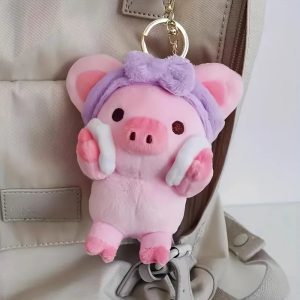 ふわふわピンクブタ 洗顔スタイル リボンヘアバンド ぬいぐるみキーホルダー