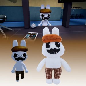 白いベレー帽と口ひげのウサギぬいぐるみ