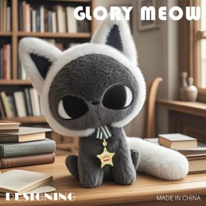 大きな瞳の メダル付き グレー&ホワイト 猫 ぬいぐるみ