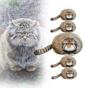 リアルなまん丸 マヌルネコ ぬいぐるみ 縞模様のしっぽ