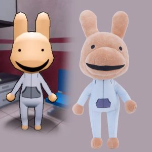 笑顔のうさぎキャラクターぬいぐるみ 水色つなぎ
