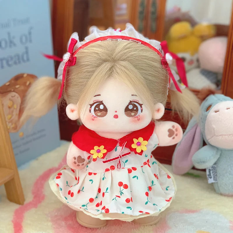 ぬいぐるみ ピンク髪のキラキラ瞳 イチゴ柄ワンピースと帽子 - 画像 (7)
