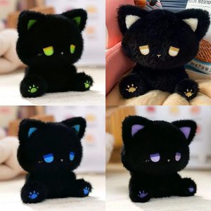 ふわふわ 黒猫 ぬいぐるみ 眠そうなカラフルな目と肉球