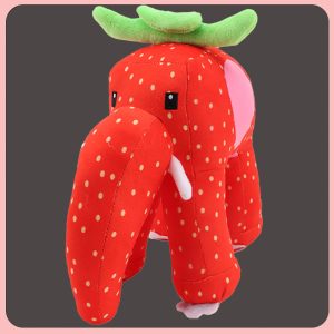 赤いイチゴ柄 モンスターぬいぐるみ 葉っぱ付き