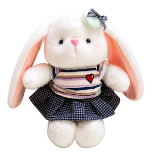 リボンとハート付き ストライプ服とチェック柄スカートのうさぎぬいぐるみ