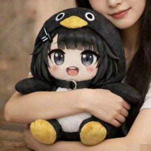 アニメ風 女の子のペンギン着ぐるみ ぬいぐるみ 黒い首輪付き
