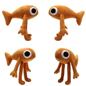 オレンジ色の大きな目の足長魚型ぬいぐるみ