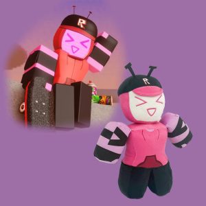 ピンクのロボットぬいぐるみ Rロゴキャップ&アンテナ付き